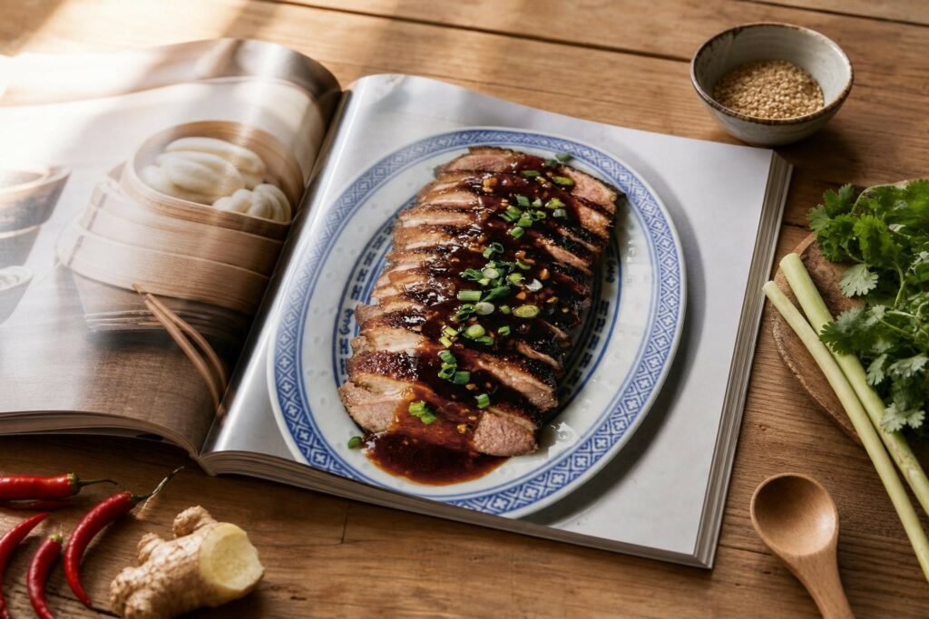 Livre de cuisine ouvert sur un plan de travail en bois, entouré d’ingrédients bruts asiatiques (gingembre, piments, citronnelle, coriandre) et d’un bol de graines de sésame