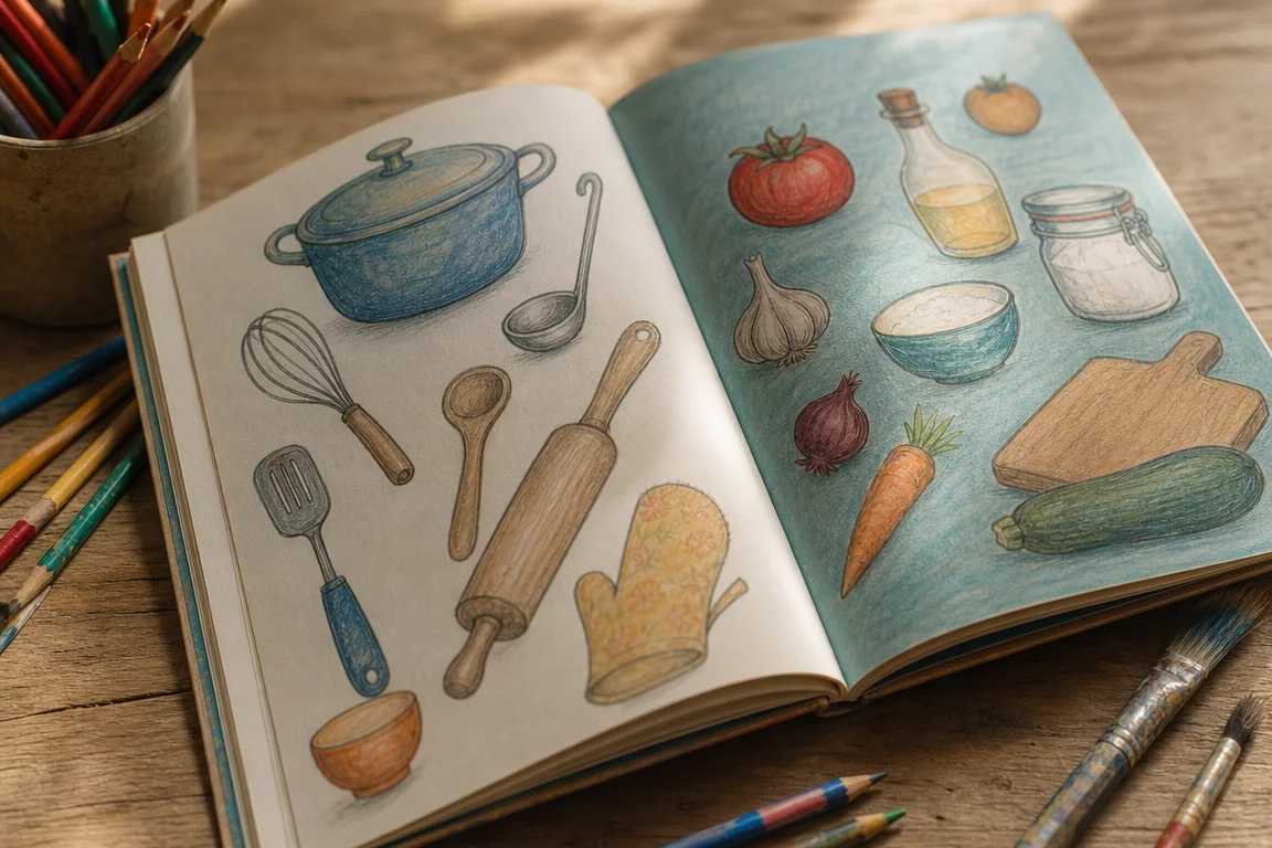 Illustration conceptuelle de la publication d’un livre jeunesse culinaire Scène évocatrice d’un livre jeunesse de cuisine ouvert sur une table en bois, entouré de crayons de couleur et de pinceaux