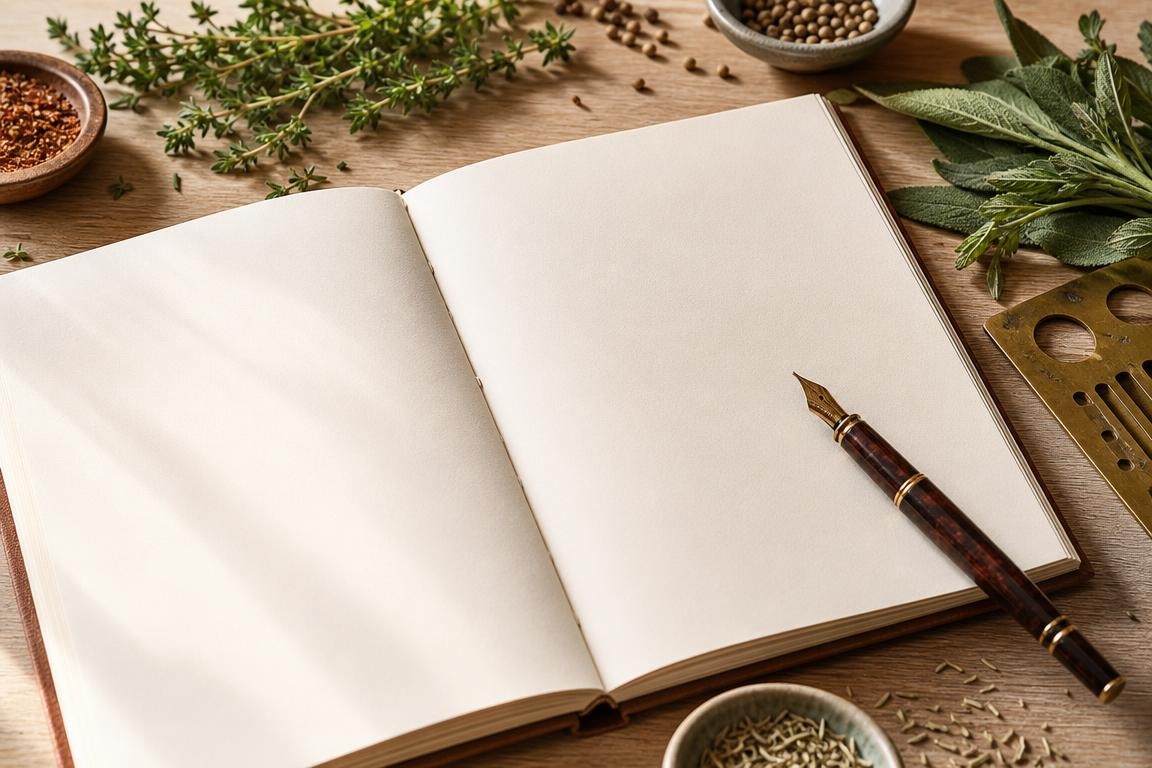 Mise en scène épurée d’un carnet de recettes ouvert avec un stylo plume, herbes fraîches et épices disposés sur une table en bois clair pour évoquer un service de livre de recettes personnalisé