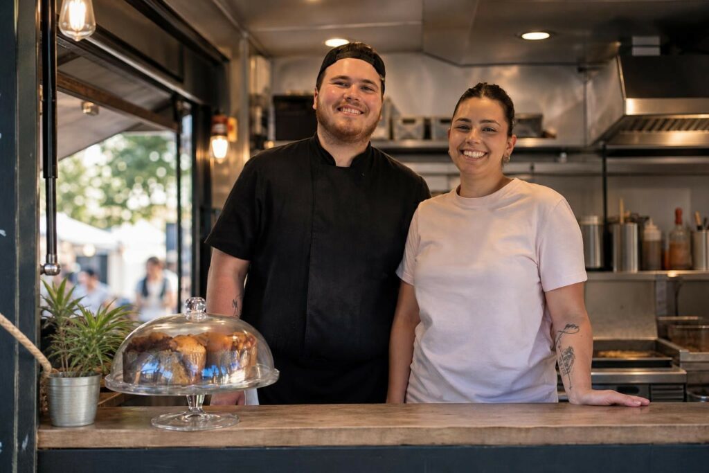 Scène évocatrice de la cuisson d’un burger dans un food truck, galette de viande sur un grill professionnel, spatule et vapeur
