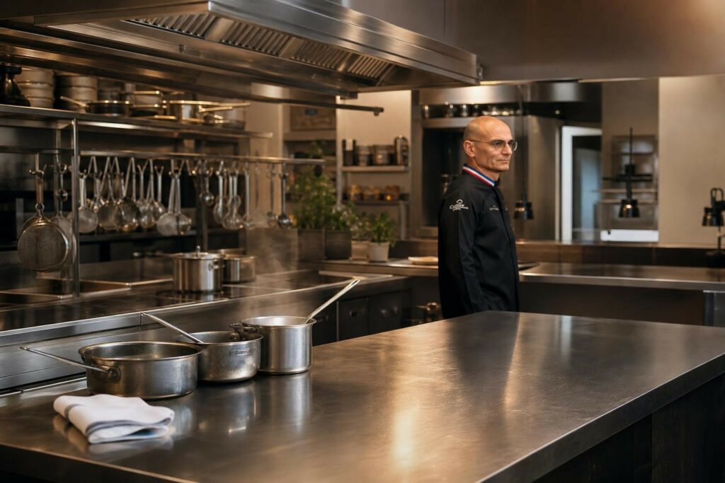 Scène de préparation en cuisine générique avant l’ouverture : plan de travail inox, poêles fumantes et ustensiles accrochés