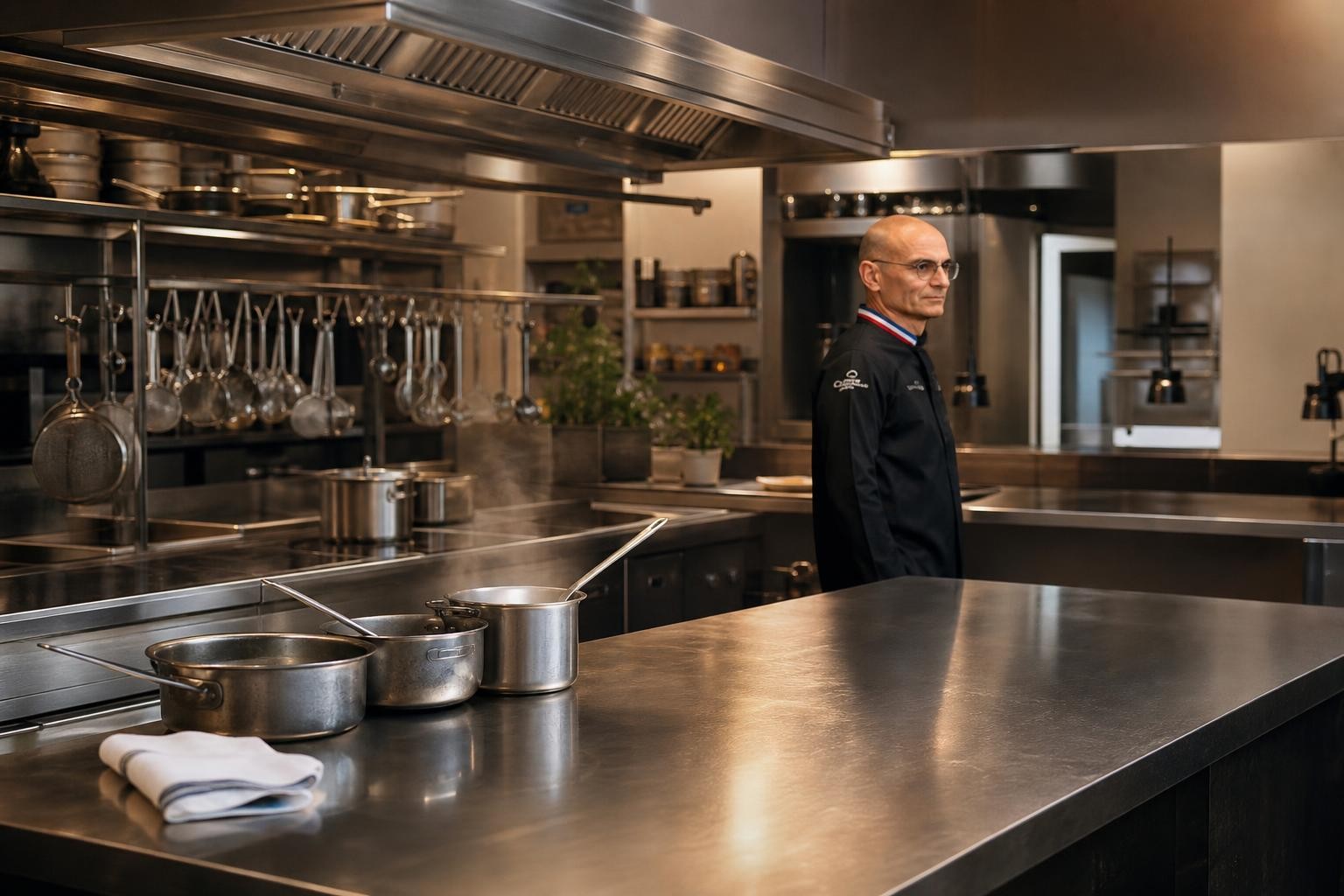 Scène de préparation en cuisine générique avant l’ouverture : plan de travail inox, poêles fumantes et ustensiles accrochés