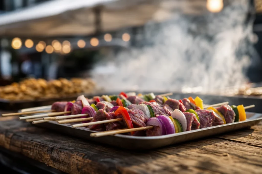Mise en scène éditoriale évoquant l'ambiance d'un festival de street food à Lyon avec un comptoir en bois, fumée et guirlandes lumineuses.