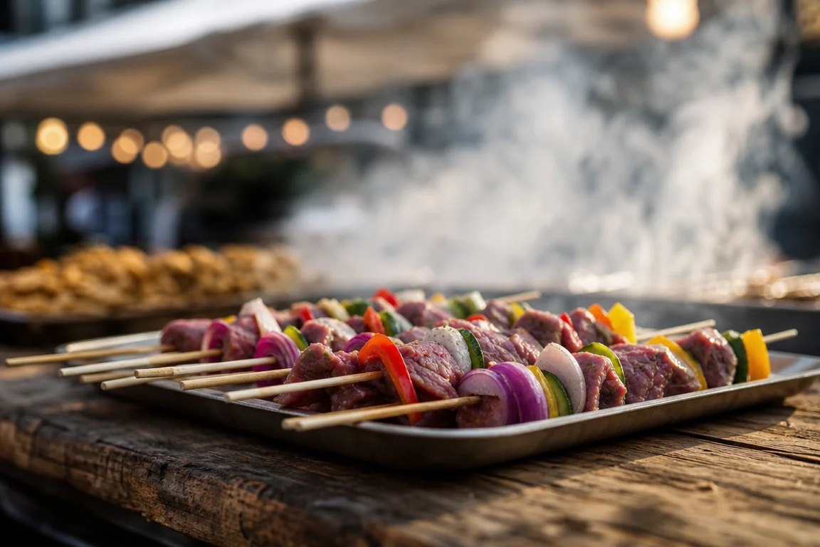 Mise en scène éditoriale évoquant l'ambiance d'un festival de street food à Lyon avec un comptoir en bois, fumée et guirlandes lumineuses.