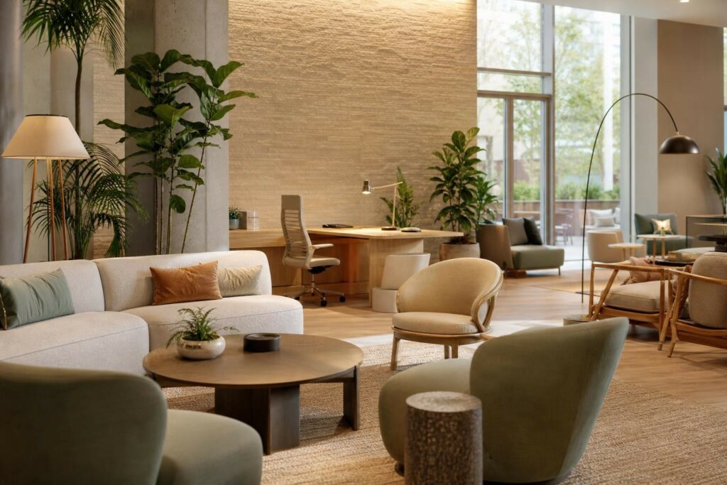 Illustration photographique évocatrice d’un lobby d’hôtel hybride tout confort avec espace lounge et coin bureau