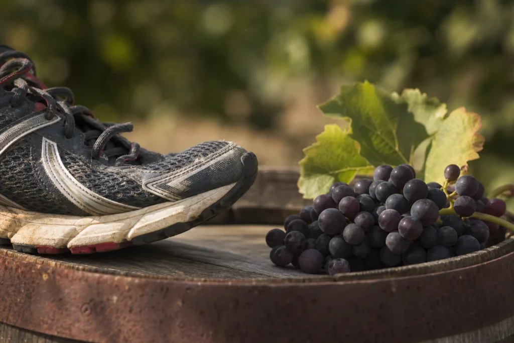 Gros plan sur une chaussure de running posée sur un tonneau en bois avec une grappe de raisin évoquant le Marathon du Vignoble d'Alsace 2027