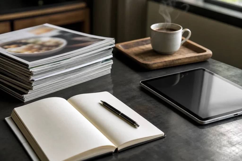 Mise en scène de magazines culinaires neutres et d’une tablette tactile vierge sur un plan de travail, évoquant la transition du print au numérique dans l’édition culinaire