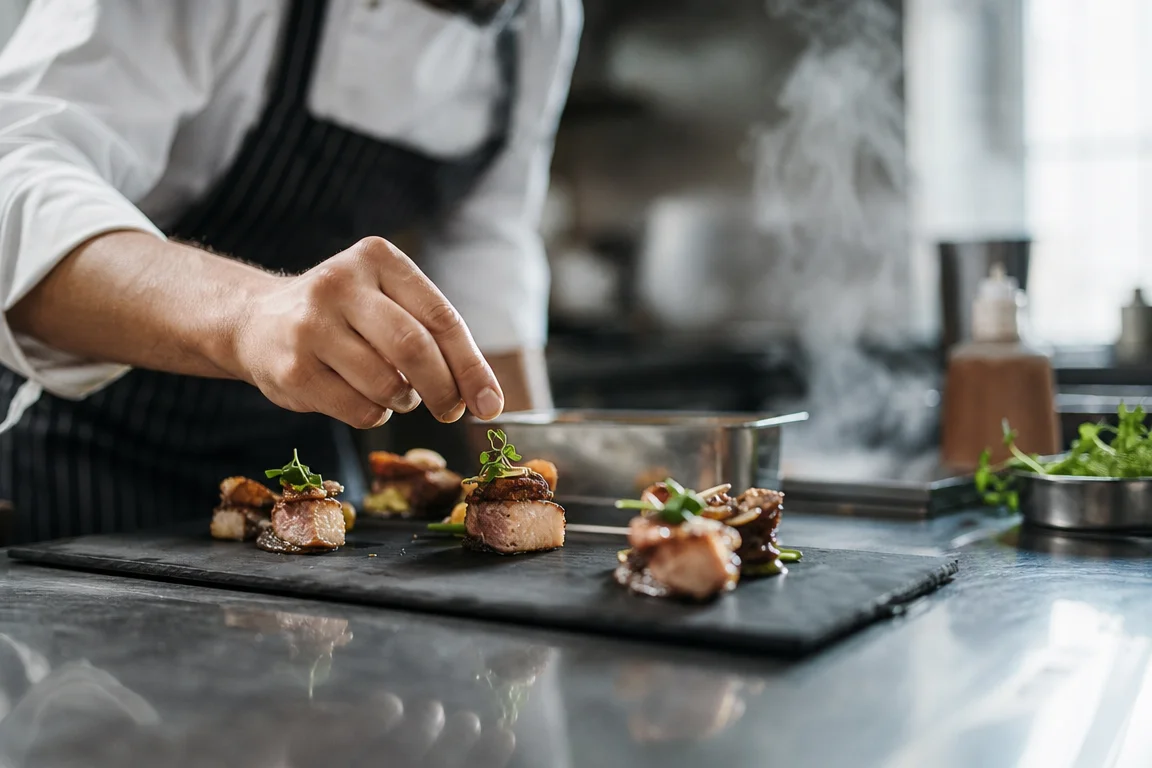 Chef anonyme dressant des bouchées gastronomiques sur une ardoise dans une cuisine professionnelle générique, vapeur en arrière-plan