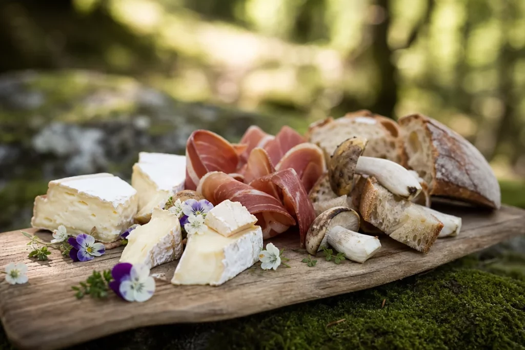 Plan rapproché d'une planche en bois posée sur un rocher verdoyant, garnie de fromages, charcuterie et pain rustique, forêt floue en arrière-plan, illustration évocatrice de la Marche gourmande.