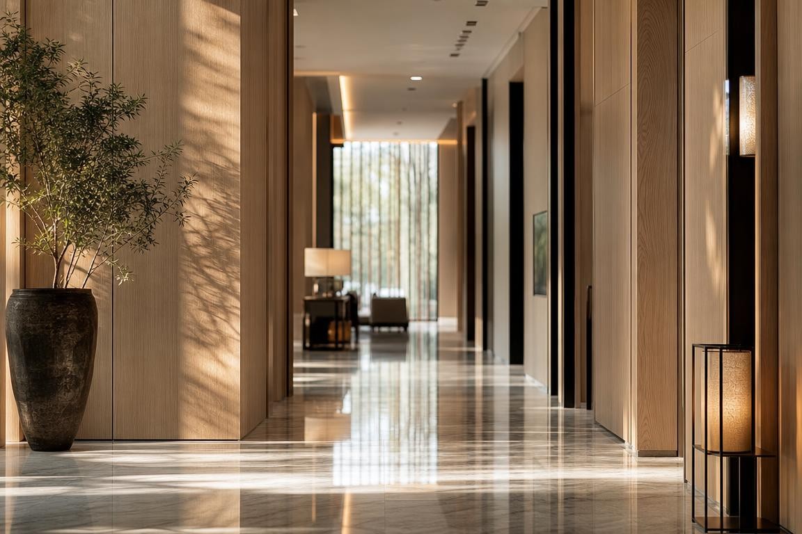 Couloir de lobby d’hôtel générique en marbre et bois émergeant dans une lumière naturelle douce, ambiance épurée et prestigieuse