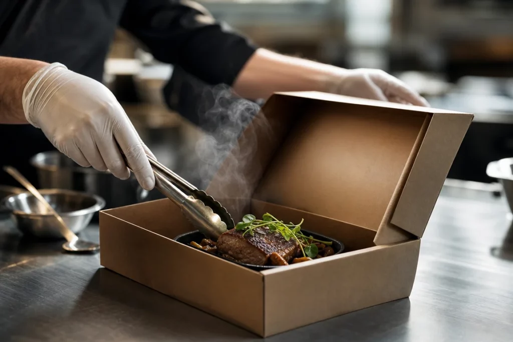 Mains anonymes disposant un plat gastronomique chaud dans une boîte de livraison neutre sur un plan de travail en acier brossé, vapeur légère s’élevant