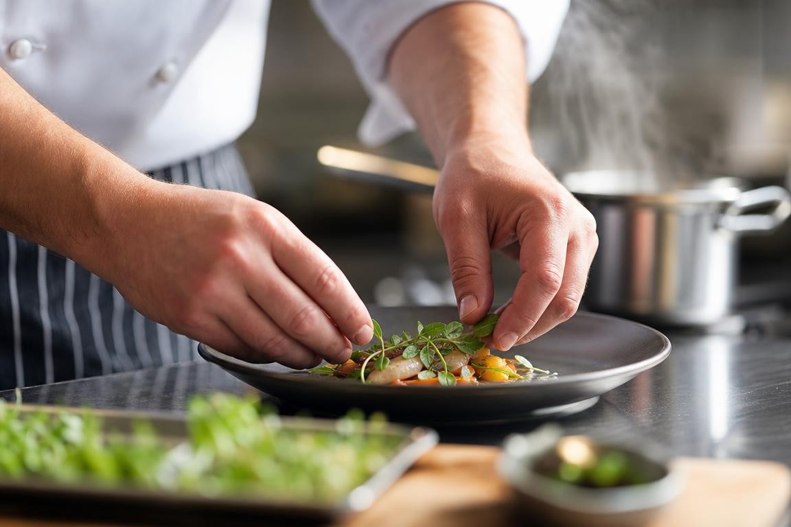 Scène évocatrice de la préparation en cuisine pour un menu anniversaire, mains anonymes dressant un plat sous une lumière douce