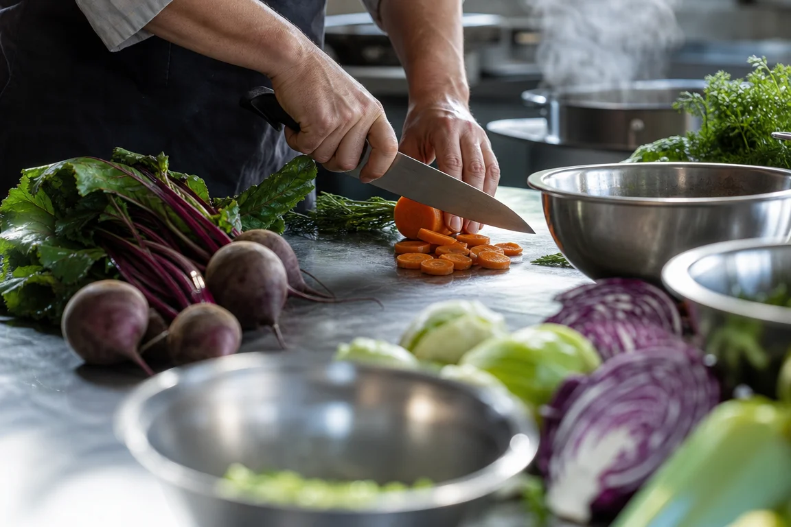 Scène évocatrice de la préparation de menus saisonniers en cuisine professionnelle