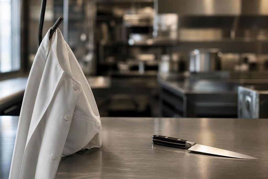 Illustration conceptuelle évoquant la nomination d’un nouveau chef exécutif par la présence d’une veste de chef et d’un couteau posés sur un plan de travail en inox dans une cuisine professionnelle générique.