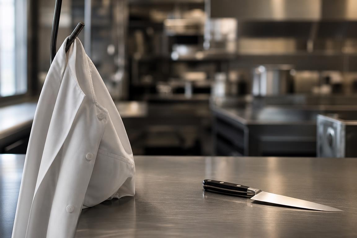 Illustration conceptuelle évoquant la nomination d’un nouveau chef exécutif par la présence d’une veste de chef et d’un couteau posés sur un plan de travail en inox dans une cuisine professionnelle générique.