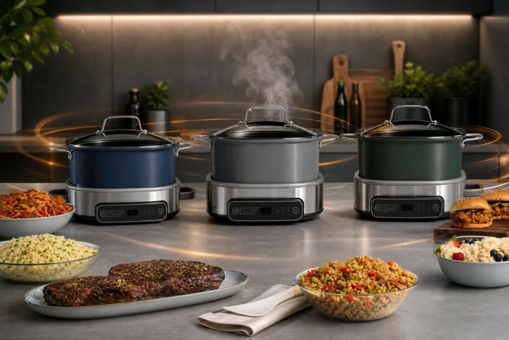 Trois silhouettes convenues d’appareils de cuisson multifonctions sur un plan de travail en acier, entourées de traits lumineux et de vapeur pour évoquer la rapidité et la polyvalence.