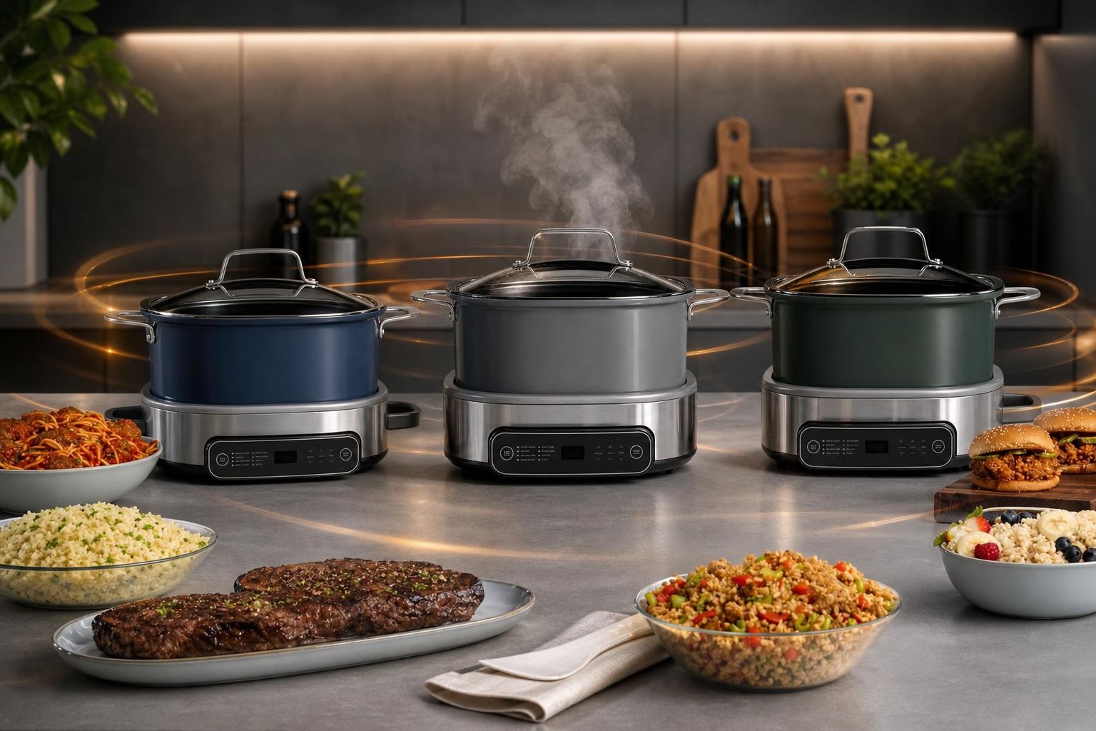 Trois silhouettes convenues d’appareils de cuisson multifonctions sur un plan de travail en acier, entourées de traits lumineux et de vapeur pour évoquer la rapidité et la polyvalence.