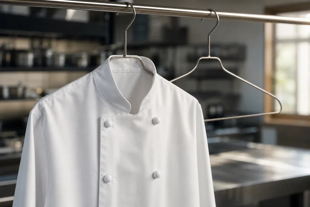 Illustration photographique évocatrice de la nomination d'un chef exécutif, avec une veste de chef blanche suspendue dans une cuisine professionnelle générique à côté d’un cintre vide.