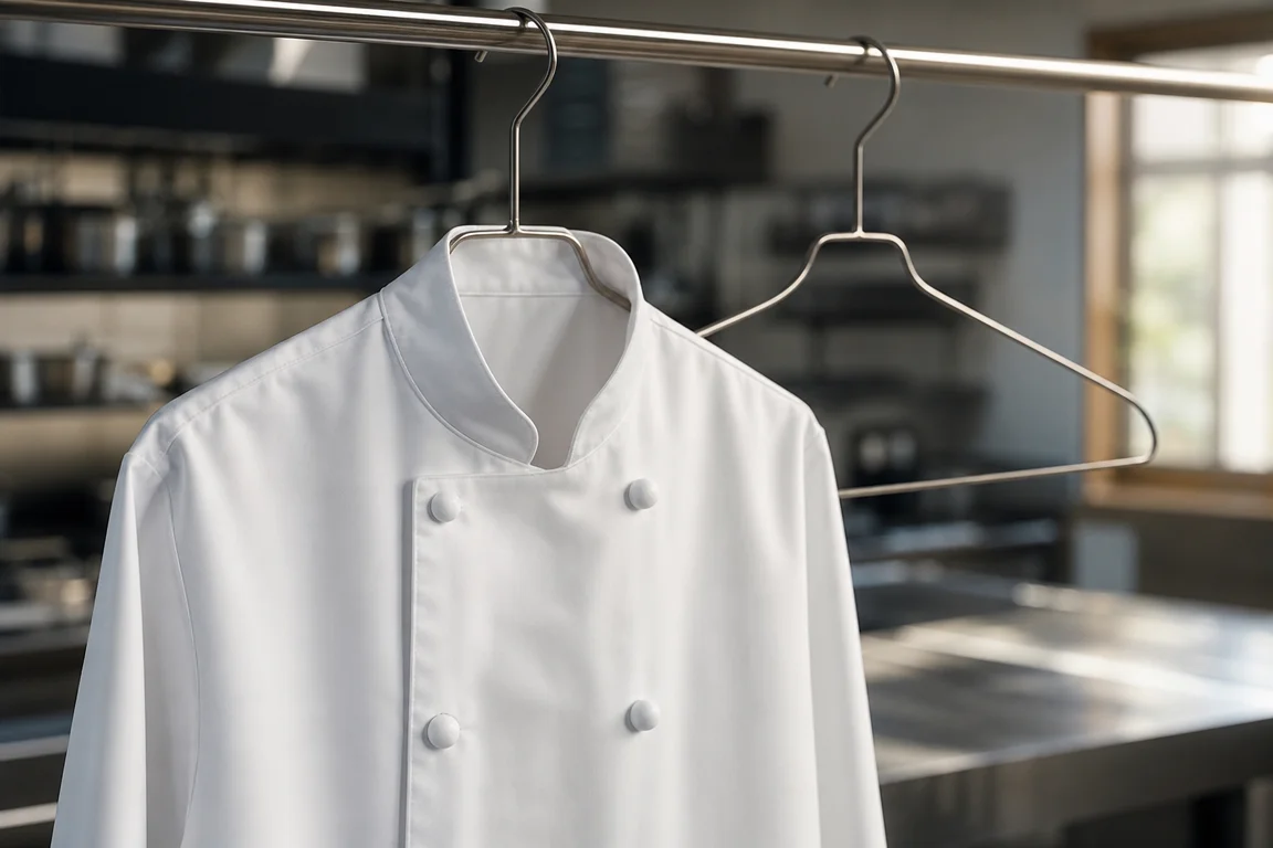 Illustration photographique évocatrice de la nomination d'un chef exécutif, avec une veste de chef blanche suspendue dans une cuisine professionnelle générique à côté d’un cintre vide.