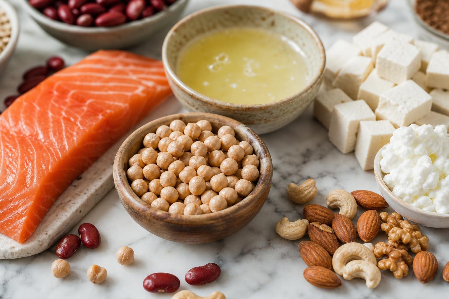 Vue rapprochée d’une composition d’ingrédients riches en protéines sur marbre clair, macro modéré mettant en avant pois chiches, saumon cru, blancs d’œufs, tofu, noix, haricots rouges et fromage blanc