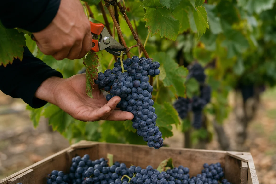 Geste de vendange dans un vignoble Scène évocatrice de la récolte des vendanges, mains anonymes coupant une grappe de raisin dans un rang de vigne