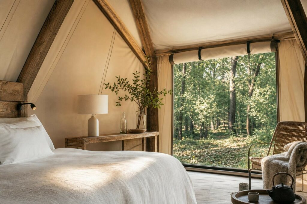 Intérieur élégant d’un lodge de glamping générique avec poutres en bois, lit en lin blanc et baie vitrée donnant sur la forêt, ambiance chaleureuse.