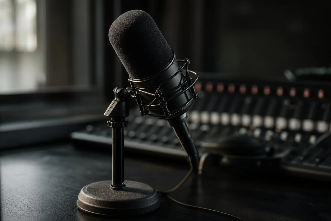 Microphone désert : image évocatrice d’une pause médiatique Illustration conceptuelle d’un microphone de studio vide évoquant une pause médiatique