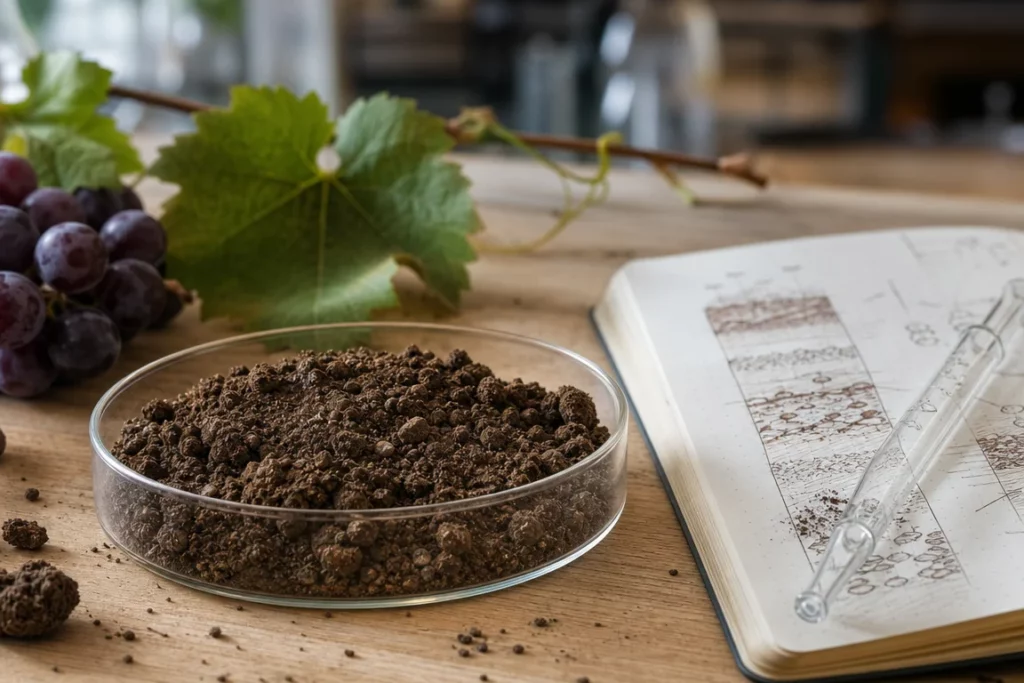 Illustration photographique évoquant le programme Terroir Lab : détails de matières brutes du sol, grappe de raisin et outils scientifiques sur un plan de travail