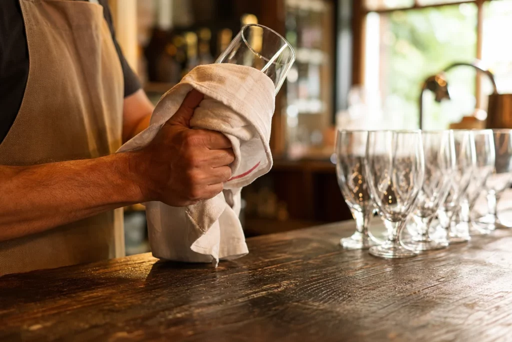 Scène de coulisses : une main anonyme polit un verre à bière sur un comptoir en bois, évoquant la préparation avant la réouverture d’un bar de village