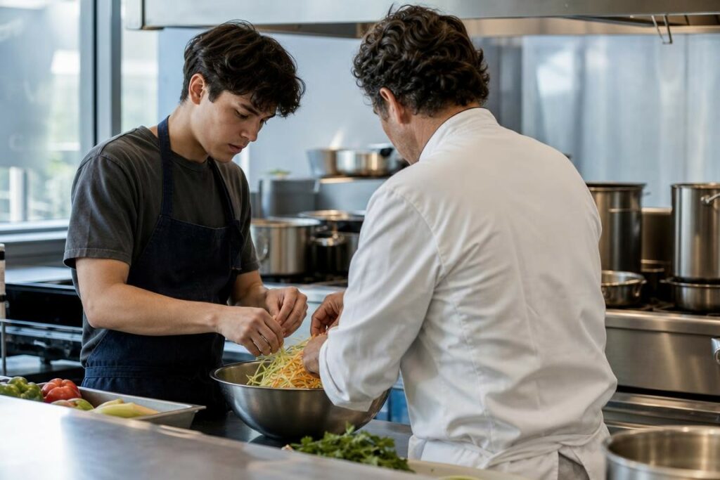 Scène évocatrice de formation en cuisine : un chef mentor anonyme guide un étudiant dans une cuisine professionnelle générique