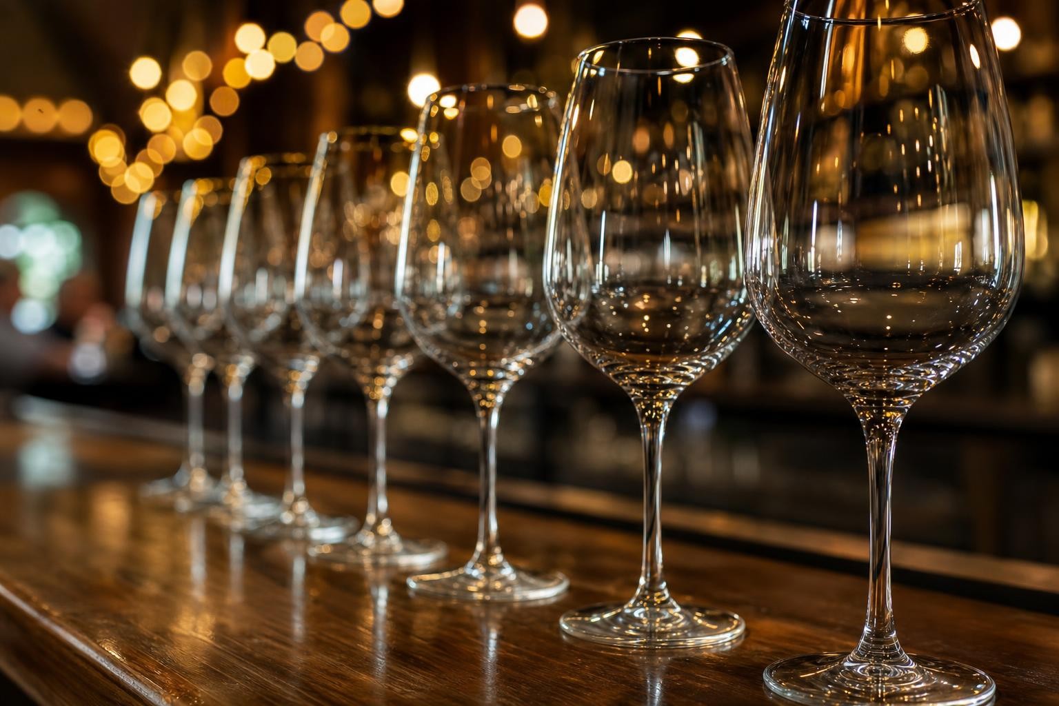 Plan rapproché sur une rangée de verres à dégustation en cristal vides posés sur un comptoir en bois, ambiance floue de guirlandes lumineuses évoquant un salon du vin