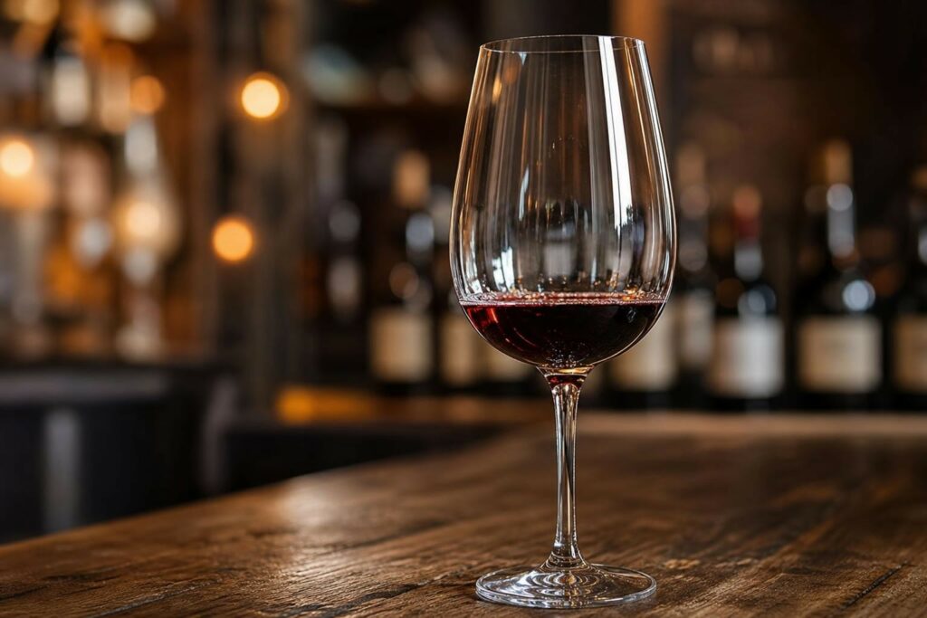 Verre à vin rouge élégant sur table en bois sombre, flou artistique de lumières chaudes en arrière-plan, scène évocatrice d’un salon de dégustation de vins