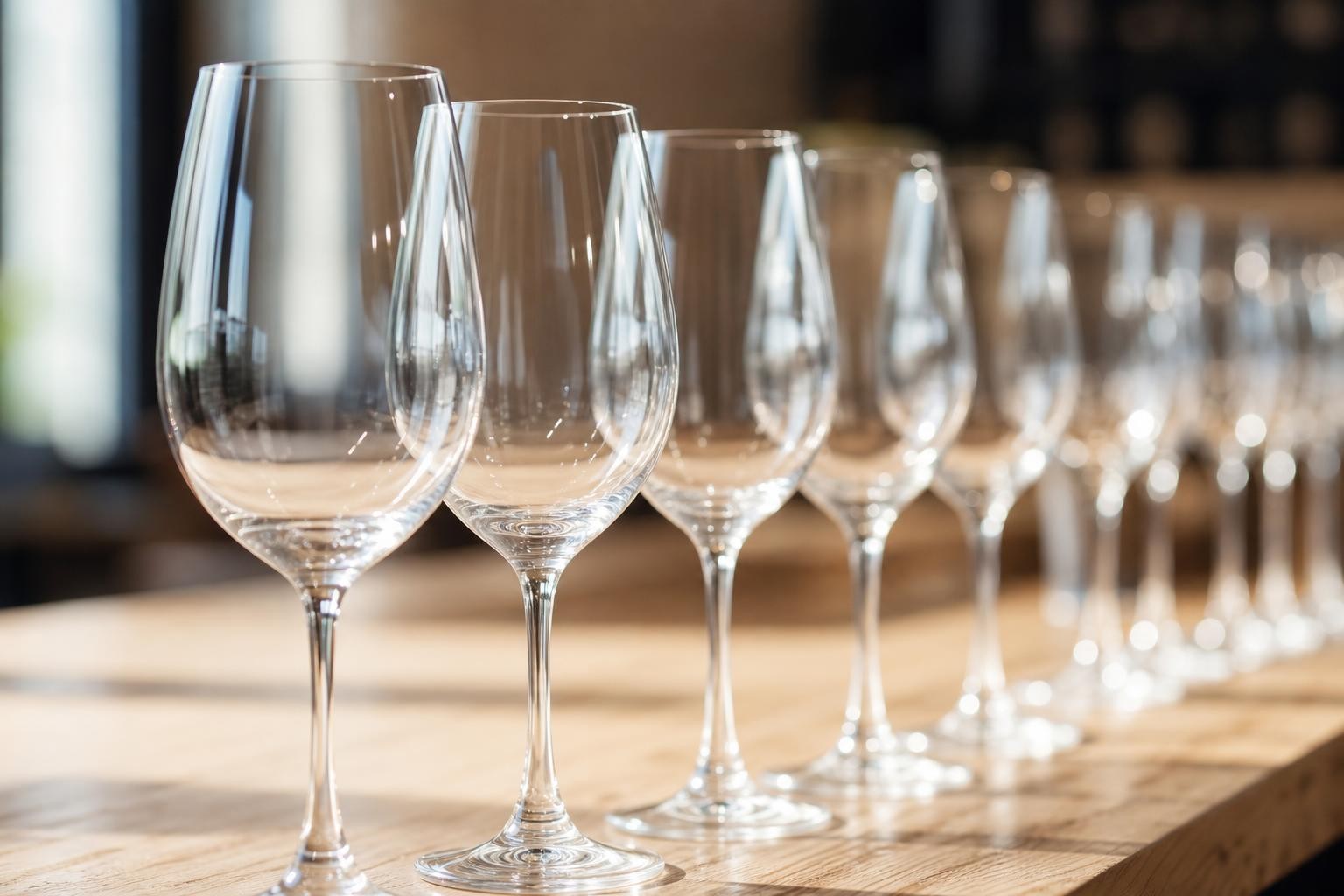 Illustration photographique évoquant un salon de dégustation : gros plan sur une rangée de verres à dégustation en cristal alignés sur un plan de travail clair