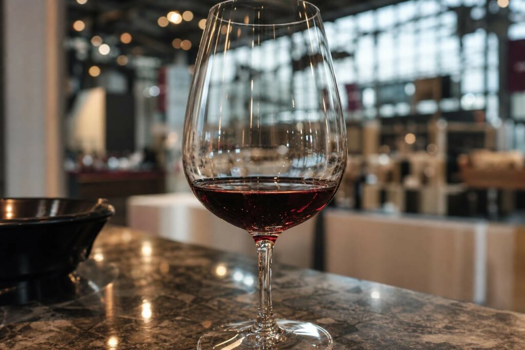 Mise en scène éditoriale évoquant un salon des vins : un verre de vin sur un comptoir poli avec l’arrière-plan flou d’un grand hall d’exposition viticole.