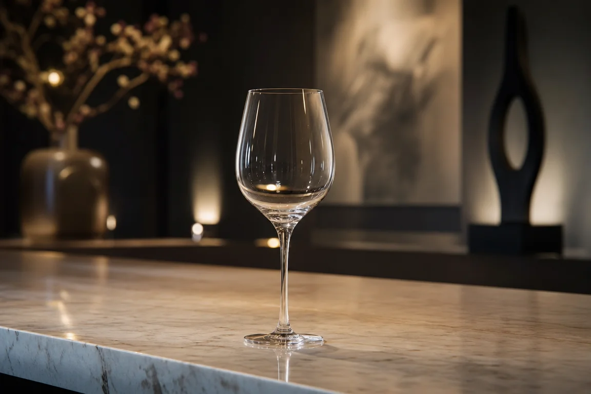 Verre à vin élégant posé sur un comptoir en marbre clair, flou artistique de lumières tamisées en arrière-plan évoquant un salon gastronomique