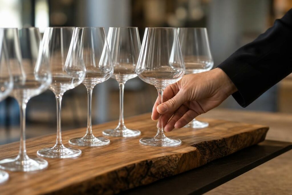 Plan rapproché d’une main anonyme disposant des verres à dégustation sur un plateau en bois, évoquant les coulisses d’un salon des vins