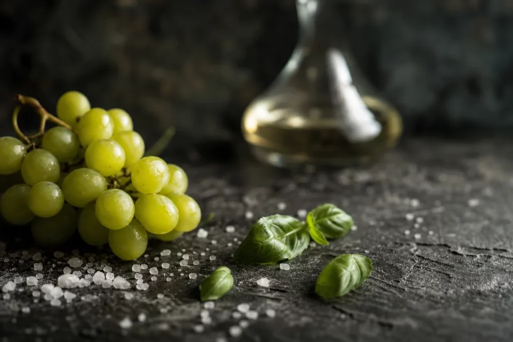 Composition épurée d’ingrédients bruts : grappe de raisin vert, feuilles de basilic et sel sur plan de travail en pierre