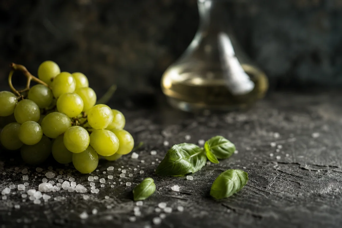 Composition épurée d’ingrédients bruts : grappe de raisin vert, feuilles de basilic et sel sur plan de travail en pierre