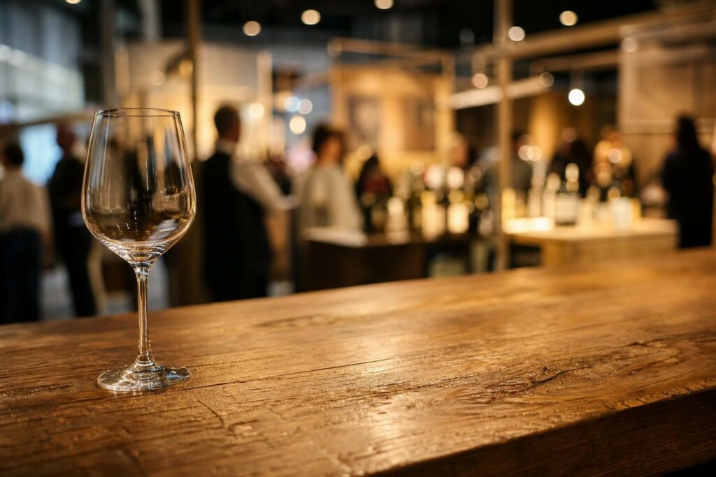 Illustration photographique évoquant un salon de dégustation de vins et de gastronomie : verre à vin posé sur comptoir en bois, stands et silhouettes flous en arrière-plan.