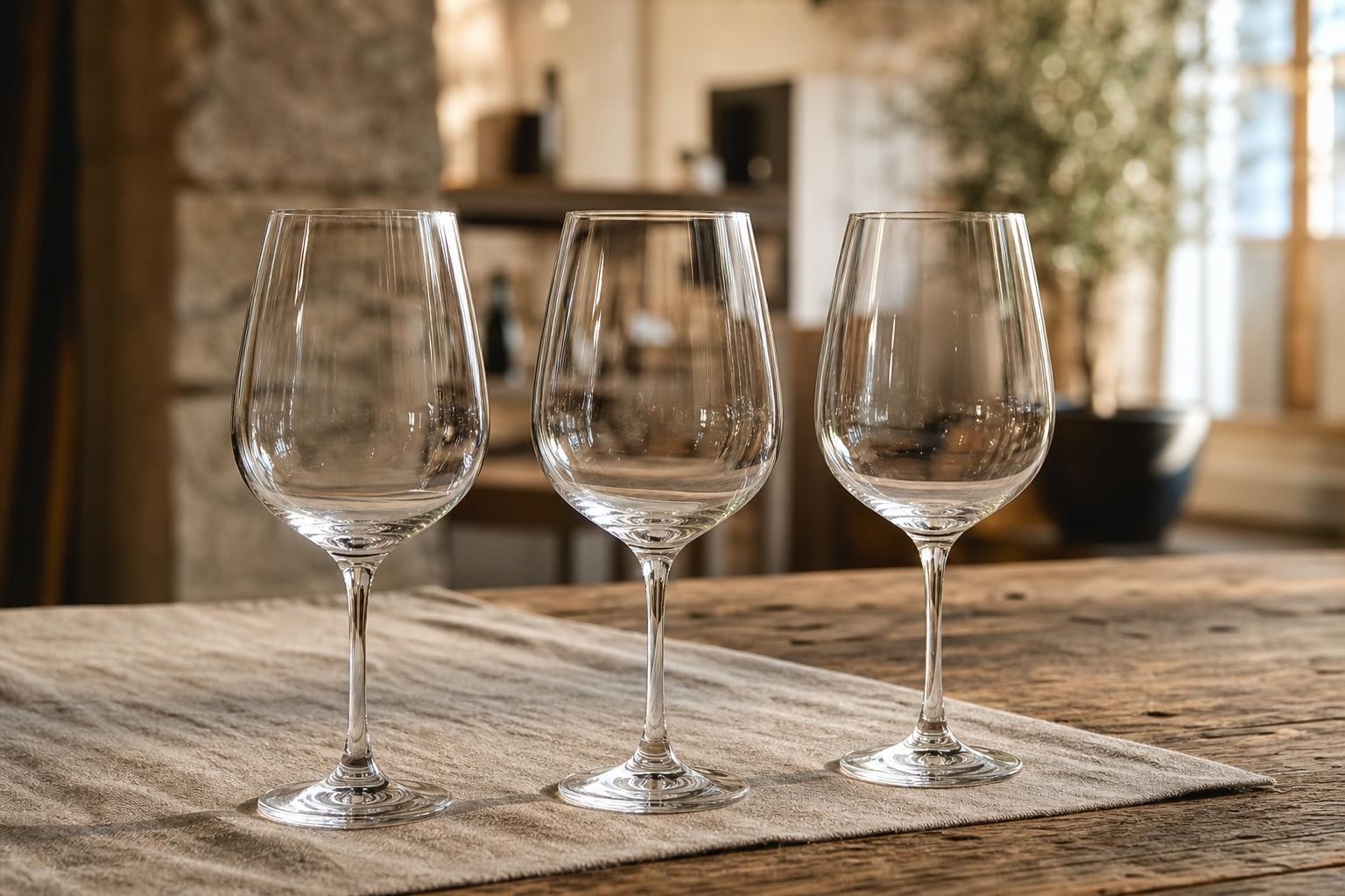 Gros plan sur trois verres de dégustation vides alignés sur une table en bois brut, ambiance douce et élégante.
