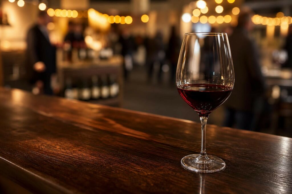 Verre de vin élégant sur un comptoir en bois sombre avec un arrière-plan flou de lumières chaudes évoquant un salon gastronomique