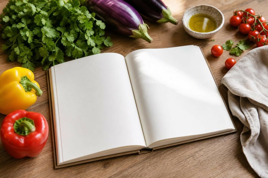 Illustration éditoriale d'un livre de cuisine vierge ouvert, entouré d'aubergines, de poivrons, de tomates cerises et de coriandre sur un plan de travail en bois