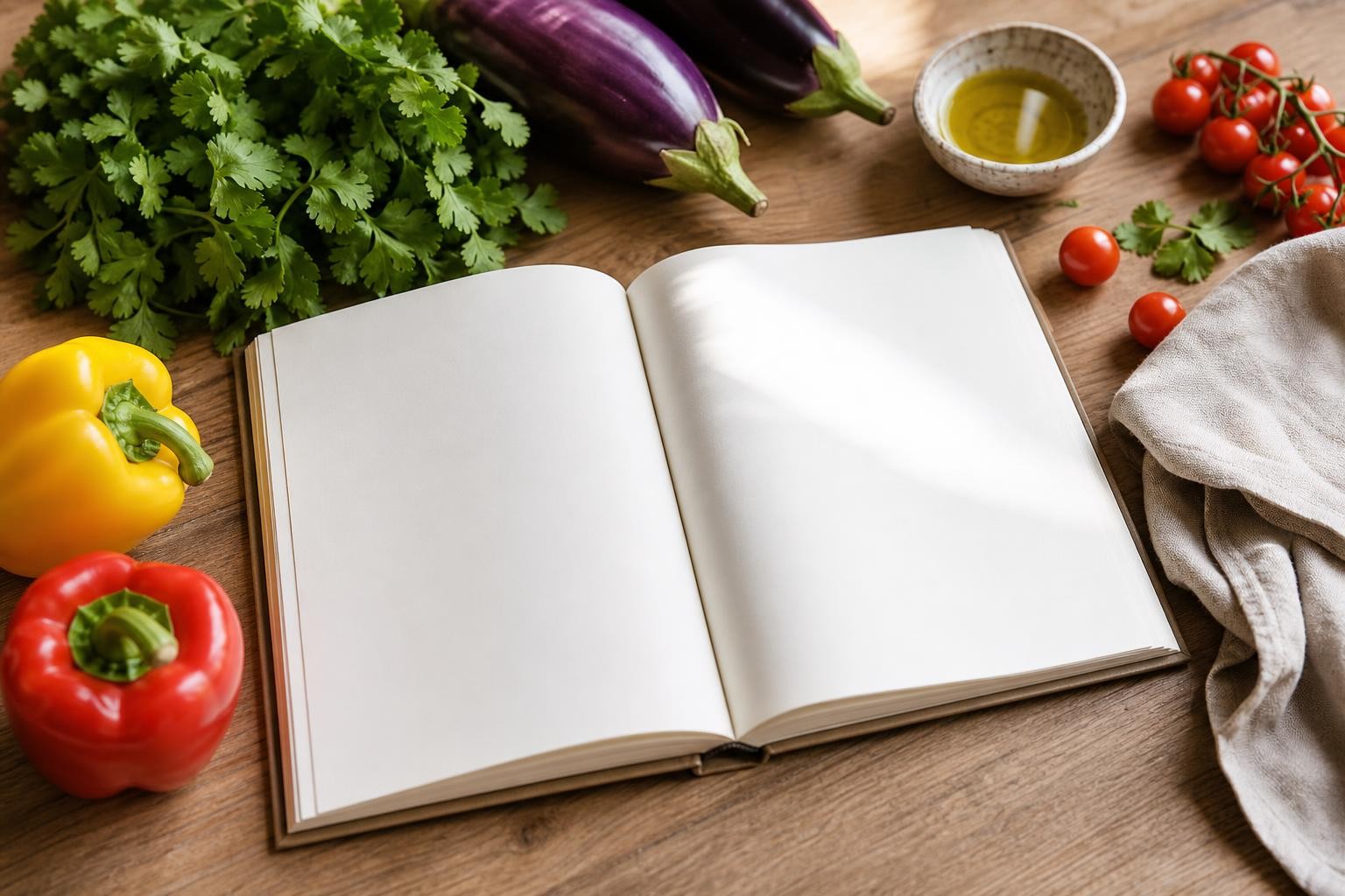 Illustration éditoriale d'un livre de cuisine vierge ouvert, entouré d'aubergines, de poivrons, de tomates cerises et de coriandre sur un plan de travail en bois