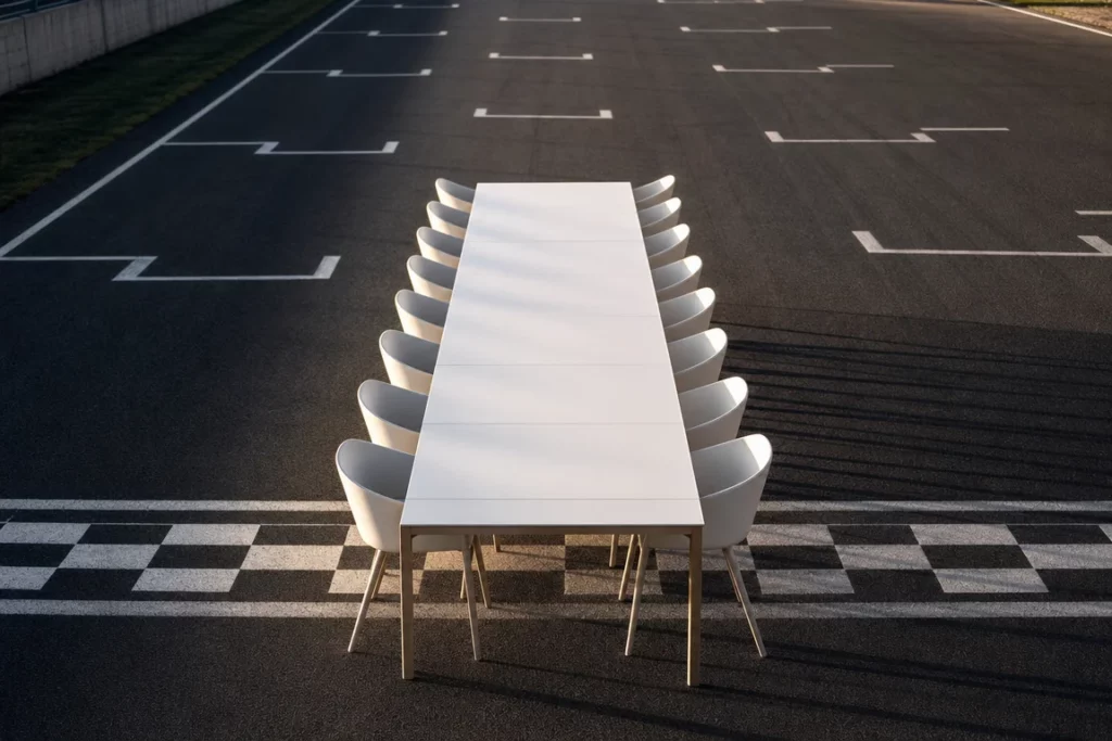 Scène évocatrice d'une longue tablée vide installée sur une surface asphaltée générique aux marquages d'une grille de départ, avant un repas communautaire