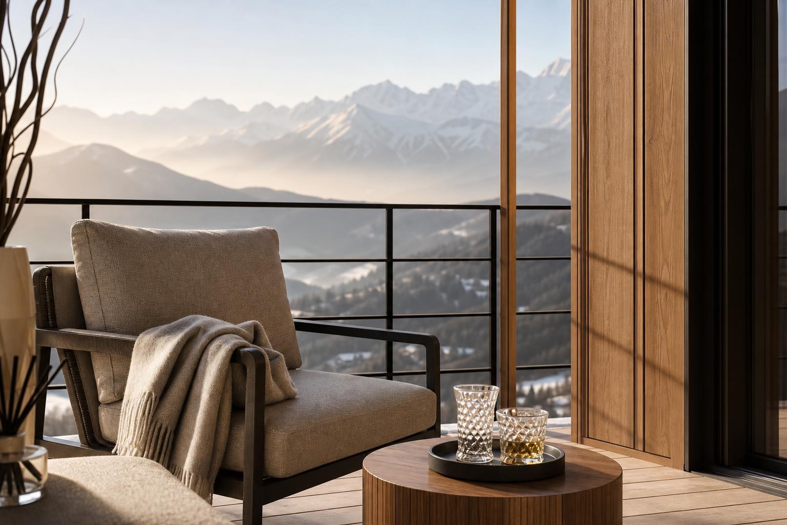 Balcon d'hôtel générique en bois et métal, fauteuil avec couverture, vue sur montagnes brumeuses au petit matin