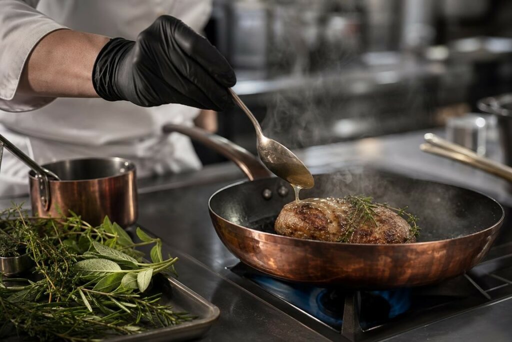 Scène de coulisses en cuisine professionnelle générique avec une casserole en cuivre sur flamme et une main anonyme nappant la cuisson, vapeur légère et herbes fraîches en arrière-plan