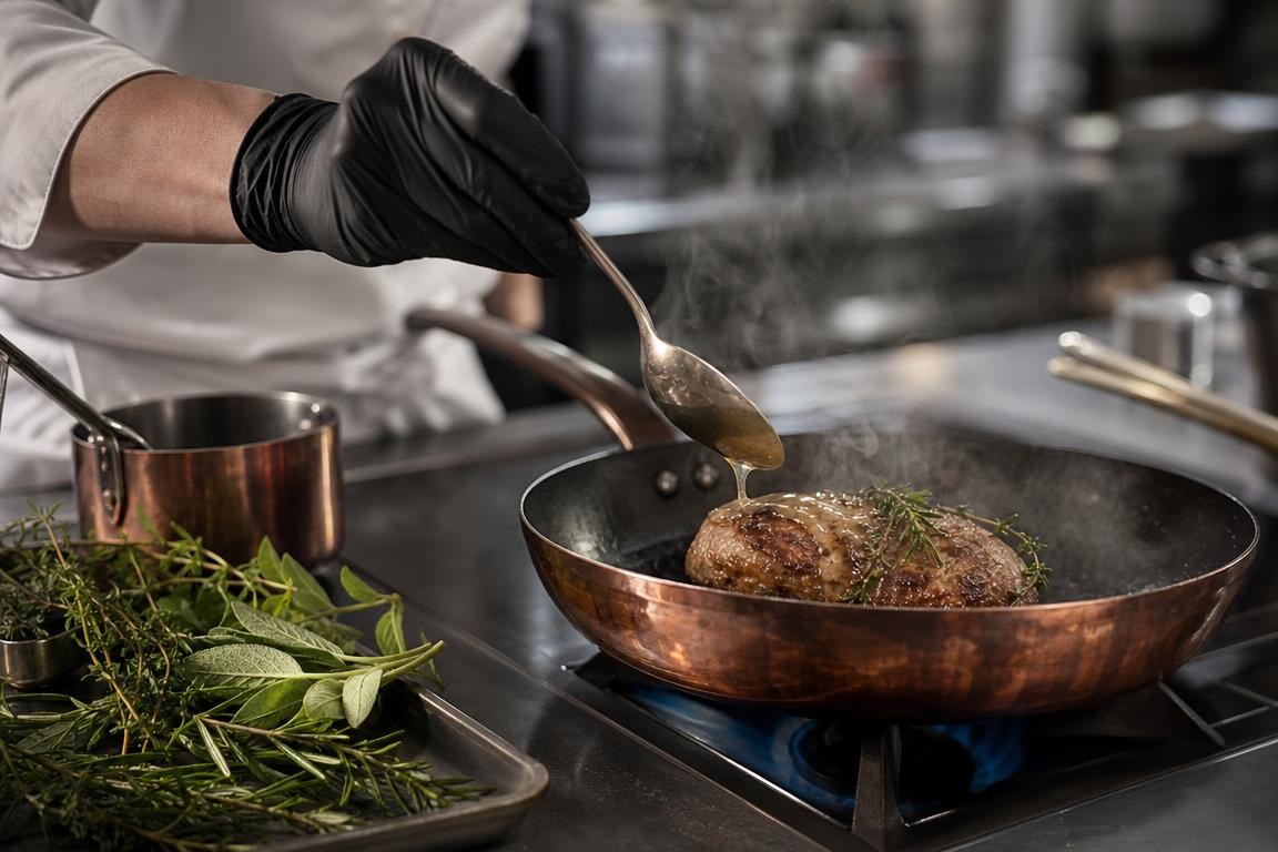 Scène de coulisses en cuisine professionnelle générique avec une casserole en cuivre sur flamme et une main anonyme nappant la cuisson, vapeur légère et herbes fraîches en arrière-plan