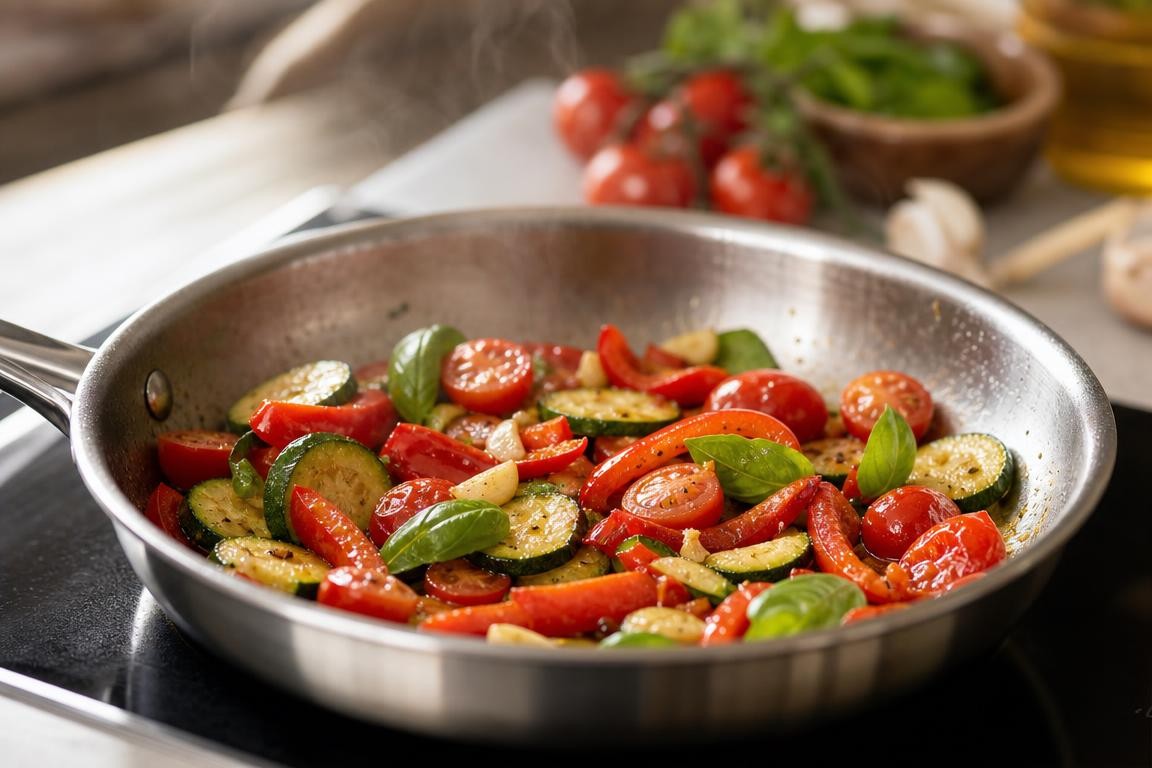 Gros plan sur une poêle en acier inoxydable avec légumes colorés en cuisson et légère vapeur
