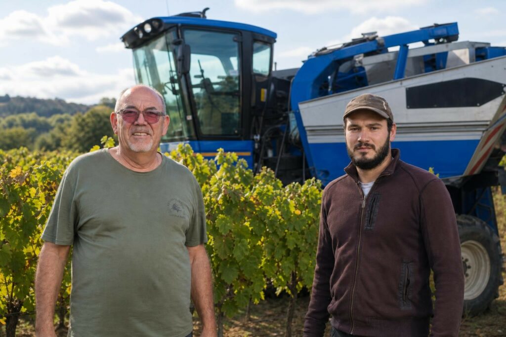 Scène évocatrice de vendanges nocturnes dans un vignoble générique : mains gantées cueillant une grappe de raisin sous un faisceau de lampe frontale.