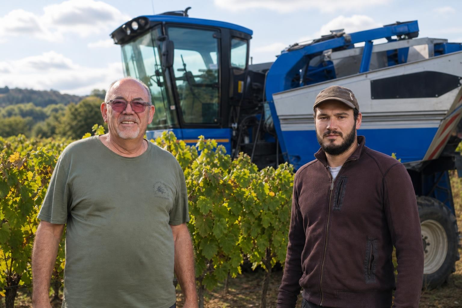 Scène évocatrice de vendanges nocturnes dans un vignoble générique : mains gantées cueillant une grappe de raisin sous un faisceau de lampe frontale.